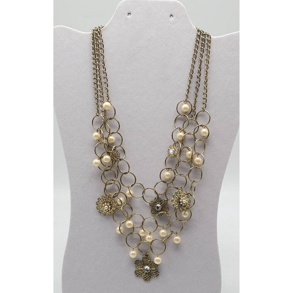 Vintage Multi Strand Gold Tone Necklace With Faux Pearls & Floral Accents